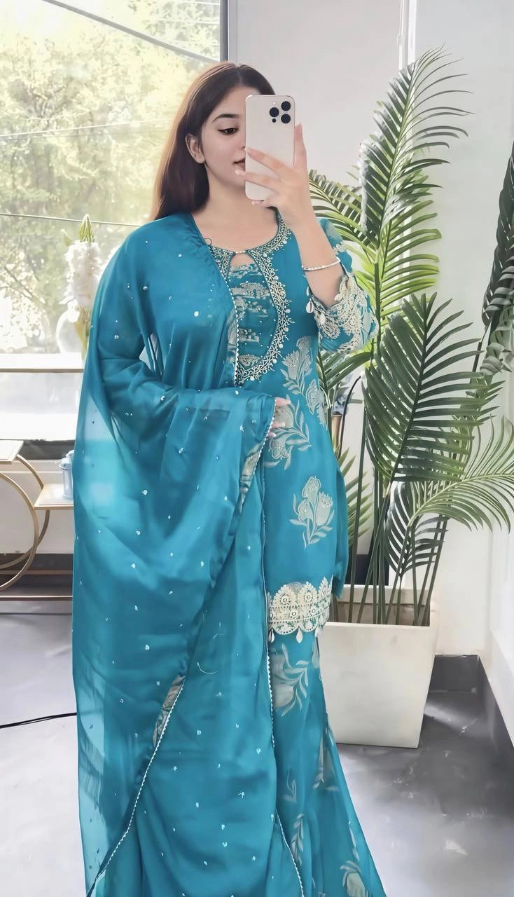 Teal Blue Sequins Sharara Suit model selfie full-length – Kalyanja KU297